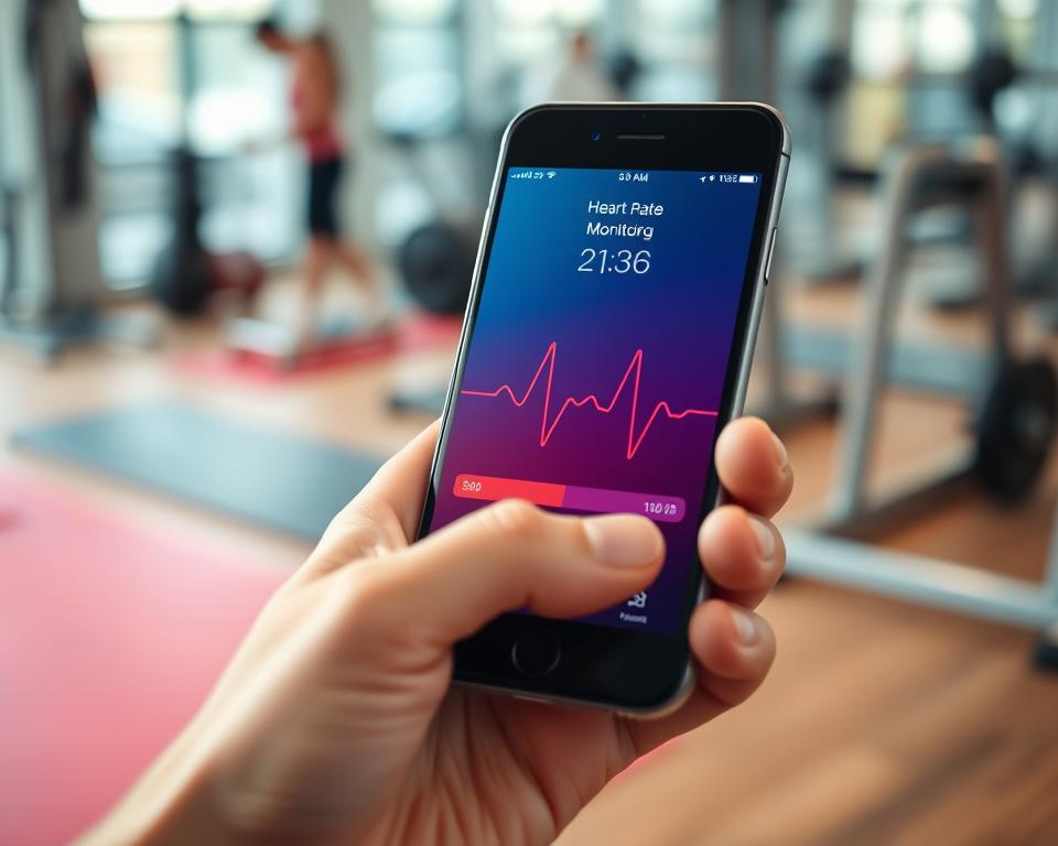 A close-up of a sleek smartphone displaying a heart rate monitoring application interface in vibrant colors. The screen shows a real-time heart rate graph and numeric pulse data, accentuated by a clean, modern design. In the foreground, a hand gently holds the phone, emphasizing user interaction with the app. The background features a softly blurred gym setting with fitness equipment to create a healthy lifestyle atmosphere. Soft, natural lighting enhances the clarity of the app's interface, while a slight focus gradient adds depth to the composition. The overall mood is engaging and professional, conveying a sense of trust and innovation in health technology.