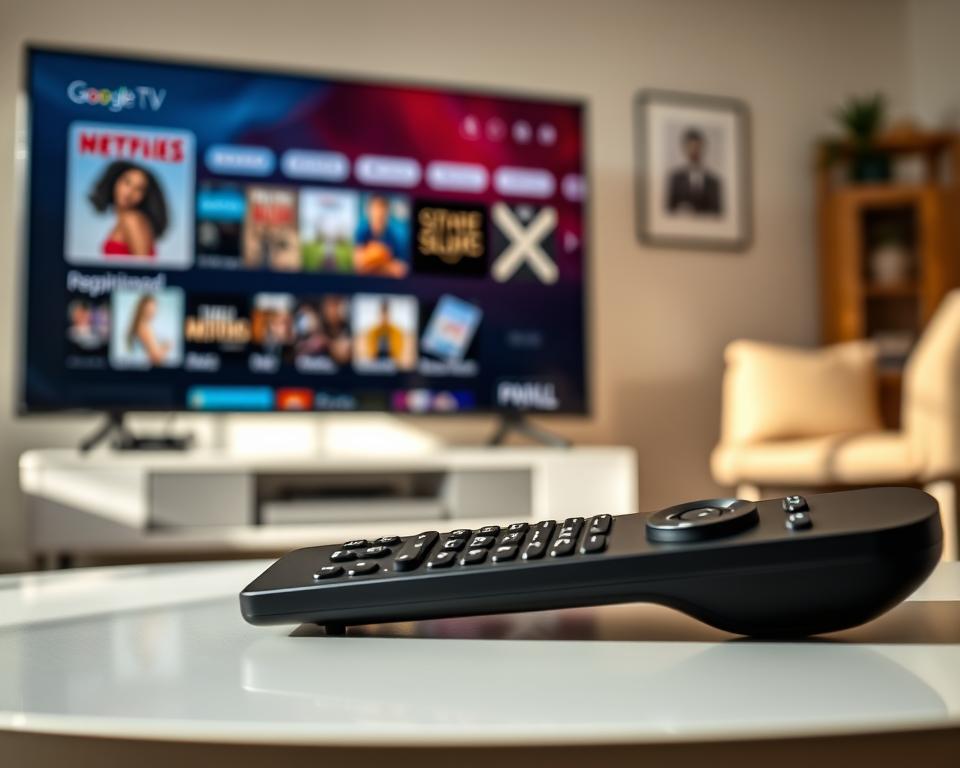 A close-up view of a television screen displaying the Google TV app's home interface, featuring vibrant thumbnails of movies and shows, a user-friendly navigation menu, and categories like "Recommended" and "Popular." In the foreground, a sleek modern remote control rests on a stylish coffee table, reflecting natural sunlight. The background shows a cozy living room with contemporary furniture, soft, warm lighting creating an inviting atmosphere. A subtle blur effect suggests depth of field, focusing on the television screen while retaining a hint of the room’s decor. The overall mood is friendly and welcoming, ideal for an engaging viewing experience.