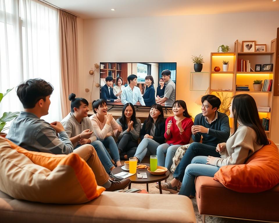 A cozy and inviting living room scene featuring a group of diverse friends casually watching a Korean drama on a large television screen. In the foreground, a stylish sofa with colorful cushions is scattered with snacks and drinks. The middle layer includes the friends, dressed in comfortable, modest casual clothing, laughing and engaging with the show, their expressions conveying enjoyment and excitement. In the background, warm ambient lighting creates a relaxed atmosphere, and shelves filled with various media and plants provide a homely feel. A large window with soft curtains lets in gentle afternoon sunlight, enhancing the mood of togetherness and entertainment. The overall tone should evoke a pleasant and engaging experience of watching beloved Korean dramas together. A cozy and inviting living room scene featuring a group of diverse friends casually watching a Korean drama on a large television screen. In the foreground, a stylish sofa with colorful cushions is scattered with snacks and drinks. The middle layer includes the friends, dressed in comfortable, modest casual clothing, laughing and engaging with the show, their expressions conveying enjoyment and excitement. In the background, warm ambient lighting creates a relaxed atmosphere, and shelves filled with various media and plants provide a homely feel. A large window with soft curtains lets in gentle afternoon sunlight, enhancing the mood of togetherness and entertainment. The overall tone should evoke a pleasant and engaging experience of watching beloved Korean dramas together.