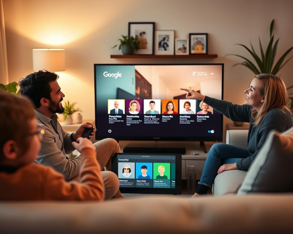 A cozy living room scene showcasing a family gathered around a Google TV, focusing on personalized profiles. In the foreground, a diverse family of four—parents and two children—are comfortably seated on a modern sofa, enthusiastically interacting with the TV. The father, dressed in a casual shirt, holds a remote, while the mother, in a simple sweater, smiles and looks at the screen. The children, a boy and a girl in playful attire, point excitedly at the displayed user profiles. In the middle ground, the Google TV features vibrant, custom profile icons representing different family members. Soft, warm lighting casts a welcoming glow throughout the room, with family photos and plants in the background, creating an inviting atmosphere that emphasizes connection and personalization. The angle captures the familial interaction and the sleek design of the technology beautifully.