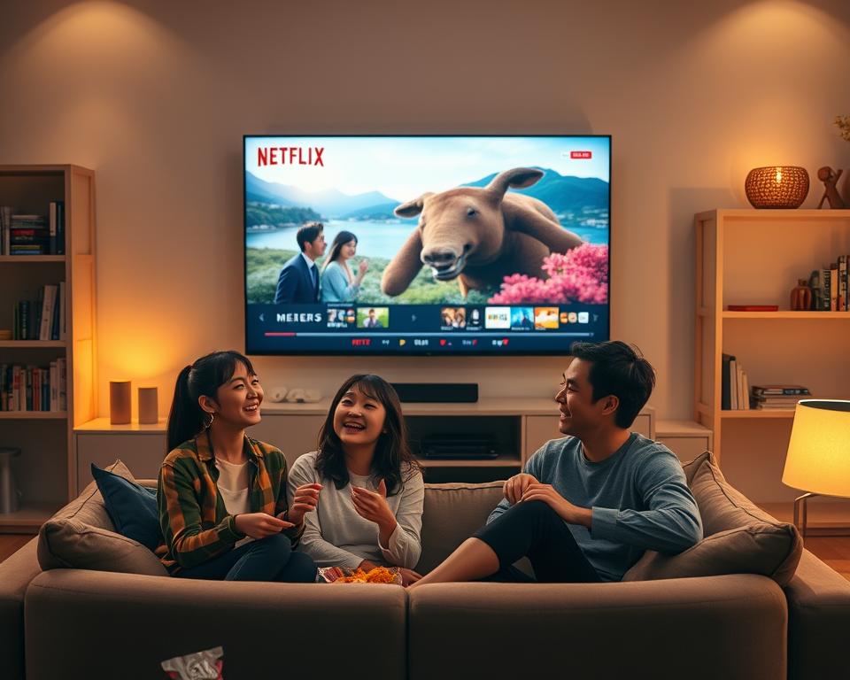 A cozy living room setting illuminated by warm, soft lighting, depicting a large flat-screen television displaying a popular Korean drama on Netflix. In the foreground, there are two friends, one Asian and one Caucasian, sitting comfortably on a stylish couch with snacks scattered around them. They are laughing and enjoying the show, dressed in casual yet chic clothing. In the middle, the TV screen showcases vibrant scenes from the drama, such as romantic gestures and scenic landscapes. The background features a tasteful bookshelf filled with novels and decorative items, enhancing the inviting atmosphere. The overall mood is relaxed and joyful, evoking a sense of togetherness while enjoying Korean culture through Netflix.