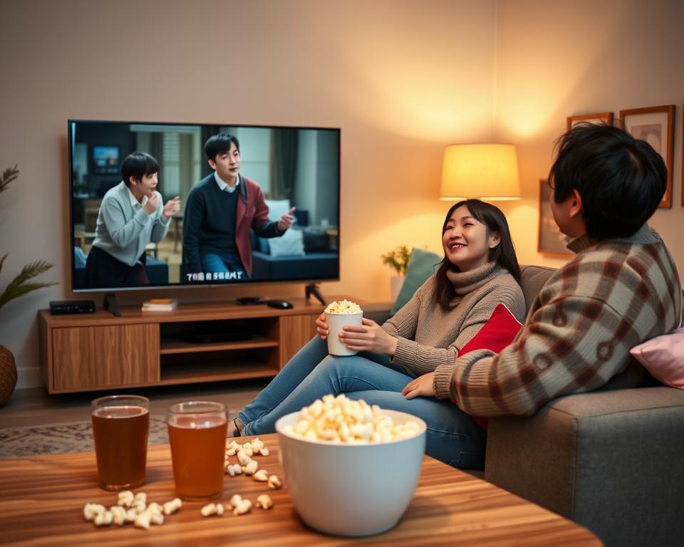 A cozy living room setting with a large flat-screen TV displaying an engaging Korean drama. In the foreground, a stylish coffee table holds popcorn and drinks, invitingly arranged. In the middle, a comfortable sofa is adorned with colorful cushions, where a couple sits, captivated by the unfolding scene on screen. One person, dressed in casual attire, leans forward in excitement, while the other, wearing a cozy sweater, smiles contentedly. The background features soft ambient lighting from a warm lamp, creating a welcoming atmosphere. The walls are decorated with subtle art prints that enhance the cozy vibe. The overall mood is relaxed and intimate, perfect for enjoying an evening of Korean cinema together.
