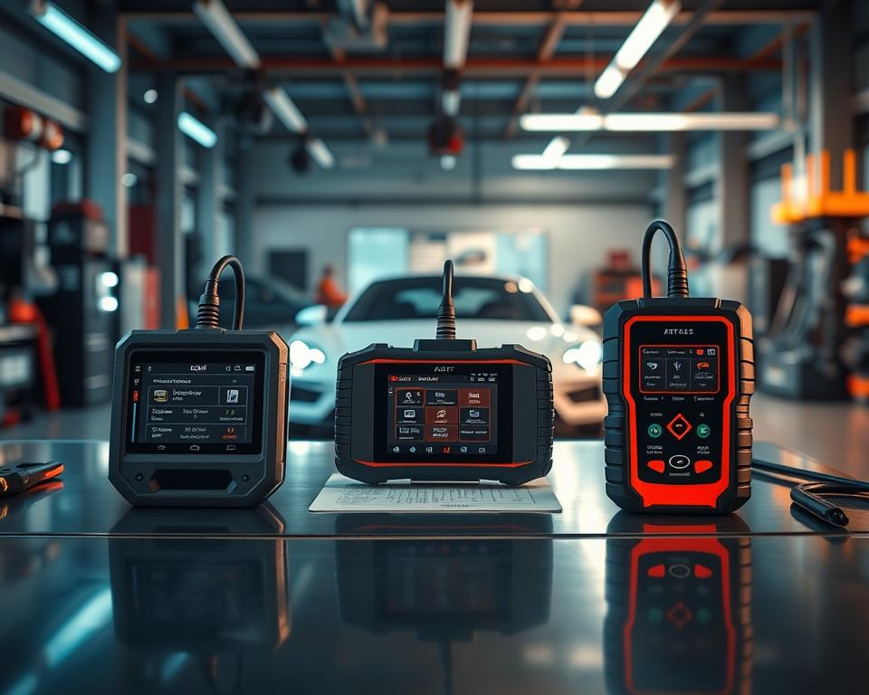 A detailed comparative scene featuring three ELM OBD2 car scanners in a high-tech automotive garage environment. In the foreground, place the scanners on a sleek, modern workbench with a reflective surface that showcases their different designs and colors. The middle layer should include tools and automobile diagnostic charts, hinting at their functionalities and use in vehicle diagnostics. In the background, a softly lit garage with car silhouettes and high-tech equipment creates an immersive atmosphere. Use warm, dynamic lighting to highlight the scanners, and employ a slightly angled perspective for depth. The mood should convey professionalism and innovation, emphasizing the importance of selecting the right automotive scanner app.