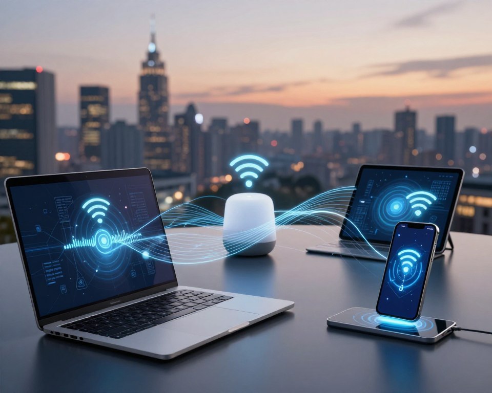 A dynamic, high-tech scene showcasing wireless network technology connecting various devices. In the foreground, a sleek laptop and a modern smartphone display animated connection signals, depicted through glowing lines or waves emanating from their screens. The middle ground features a smart home device, such as a voice assistant, and a tablet, all connected seamlessly through a network of digital signals. The background is a blurred city skyline at dusk, with soft, warm lighting highlighting the high-tech atmosphere. The composition emphasizes connectivity and innovation, creating an inviting mood. Use a wide-angle perspective to capture the interactivity and flow of information.