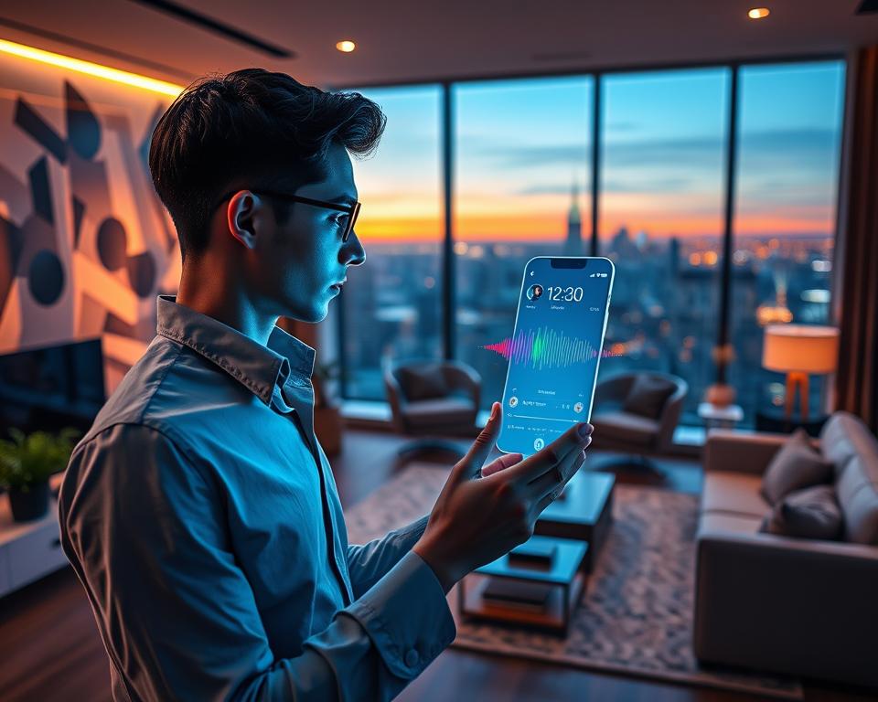 A futuristic scene showcasing a sleek and modern mobile application interface dedicated to radio listening. In the foreground, a young professional in smart casual attire is engaging with a holographic display of the app, showing vibrant, colorful waveforms indicating various radio stations. In the middle ground, a stylish living room filled with stylish furniture and smart devices seamlessly integrated into the space, highlighting the blend of technology and comfort. The background features a large window with a panoramic city view at twilight, illuminated by soft, warm ambient lighting creating a cozy atmosphere. The lens should have a slight focus depth that brings attention to the app display while keeping the surroundings softly in focus, evoking a sense of innovation and connectivity in the modern world of radio. A futuristic scene showcasing a sleek and modern mobile application interface dedicated to radio listening. In the foreground, a young professional in smart casual attire is engaging with a holographic display of the app, showing vibrant, colorful waveforms indicating various radio stations. In the middle ground, a stylish living room filled with stylish furniture and smart devices seamlessly integrated into the space, highlighting the blend of technology and comfort. The background features a large window with a panoramic city view at twilight, illuminated by soft, warm ambient lighting creating a cozy atmosphere. The lens should have a slight focus depth that brings attention to the app display while keeping the surroundings softly in focus, evoking a sense of innovation and connectivity in the modern world of radio.