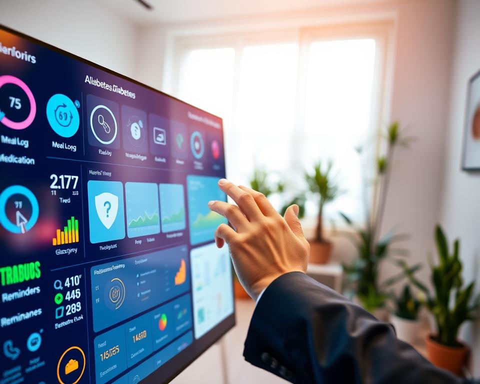 A modern diabetes management dashboard filled with vibrant, interactive elements. In the foreground, display a sleek touchscreen panel showcasing various functionalities such as glucose monitoring, meal logging, medication reminders, and activity tracking. The middle ground includes a user's hand gently interacting with the panel, dressed in professional business attire. The background features a softly lit room, decorated with plants and a minimalist design, creating a calm and encouraging atmosphere. The lighting is bright yet warm, enhancing readability and user engagement. The perspective is slightly tilted from above, allowing a clear view of the dashboard while capturing the user’s interaction. Overall, the scene should evoke a sense of empowerment and innovation in diabetes management.