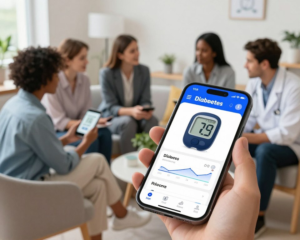 A modern, effective diabetes monitoring app interface displayed on a sleek smartphone in the foreground, featuring a vibrant, intuitive dashboard showing glucose levels, trends, and reminders. In the middle ground, a professional, diverse group of individuals dressed in business attire collaborate, reviewing the app's features on their devices while engaging in thoughtful discussion. In the background, a bright, well-lit healthcare setting with soft, inviting colors, including a cozy waiting area with plants and comfortable seating. The atmosphere is focused and optimistic, highlighting innovation in diabetes management. Use soft natural lighting and a slightly tilted angle to create depth, giving a sense of engagement with technology. A modern, effective diabetes monitoring app interface displayed on a sleek smartphone in the foreground, featuring a vibrant, intuitive dashboard showing glucose levels, trends, and reminders. In the middle ground, a professional, diverse group of individuals dressed in business attire collaborate, reviewing the app's features on their devices while engaging in thoughtful discussion. In the background, a bright, well-lit healthcare setting with soft, inviting colors, including a cozy waiting area with plants and comfortable seating. The atmosphere is focused and optimistic, highlighting innovation in diabetes management. Use soft natural lighting and a slightly tilted angle to create depth, giving a sense of engagement with technology.