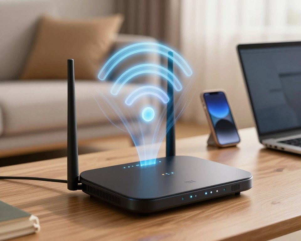 A modern router sits prominently in the foreground, its sleek design showcasing LED lights indicating active connectivity. The middle layer features visible Wi-Fi signal waves radiating outwards, represented by dynamic, colorful frequencies in a semi-transparent style, suggesting rapid data transmission. In the background, a blurred living room setting demonstrates wireless devices like a smartphone and laptop effortlessly connected to the network, immersed in a warm, inviting ambiance. Soft, diffused lighting bathes the scene to create a welcoming atmosphere, highlighting the concept of connectivity and technology at home. The angle captures the router from a slight low perspective, emphasizing its role as the central hub for wireless technology. The image conveys a sense of reliability and modernity, embodying the essence of seamless Wi-Fi access.