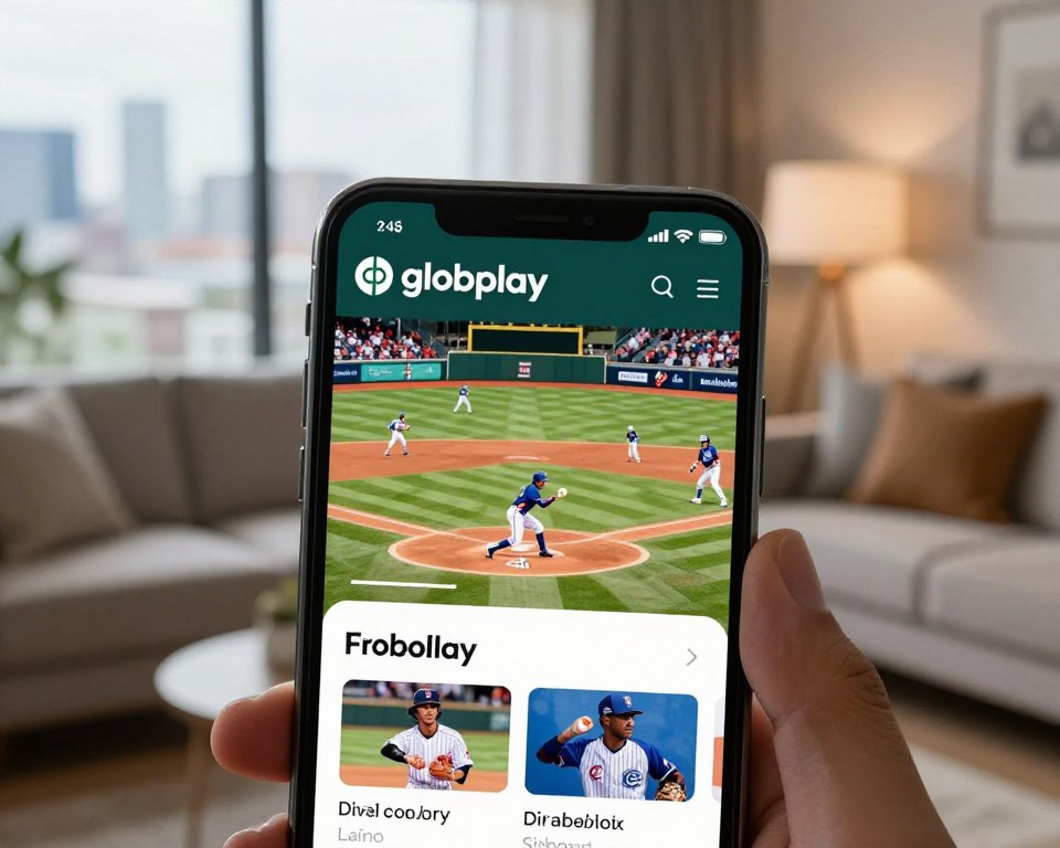 A modern smartphone displaying the Globoplay app in the foreground, showcasing a live baseball game stream. The phone is sleek, with a vivid screen highlighting dynamic visuals of players on the field, intense action captured mid-game. In the middle ground, suggestive hints of a cozy living room setting, with a stylish couch and ambient lighting, enhancing a warm, inviting atmosphere. The background features a subtle hint of a city skyline through a window, symbolizing connection to the wider world. Soft, natural light filters through, creating a bright, engaging scene. Overall, the mood is energetic and exciting, reflecting the thrill of live sports accessible on mobile devices.