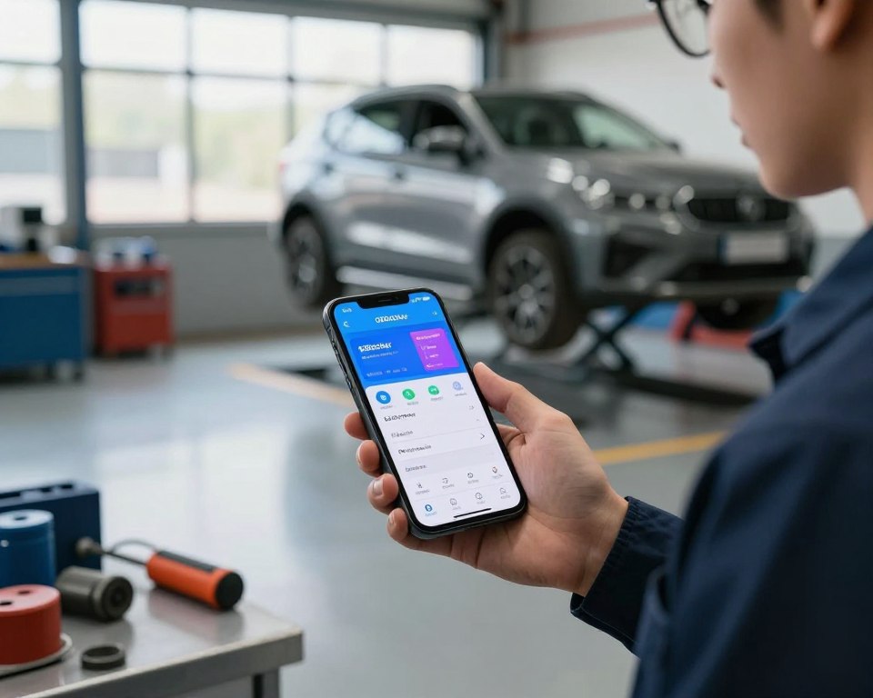 A modern smartphone displaying the OBDocker app interface, showcasing a detailed vehicle diagnostic report. In the foreground, the phone is held by a professional technician in smart business attire, concentrating on the app’s vibrant graphics. The middle ground features a sleek garage with automotive tools and car parts neatly organized. In the background, a car is raised on a lift, emphasizing a professional workshop environment with soft, natural lighting filtering through large windows, casting gentle shadows. The scene captures a sense of professionalism and innovation, reflecting the power of technology in automotive diagnostics, with a slightly blurred depth of field enhancing focus on the phone and technician. A modern smartphone displaying the OBDocker app interface, showcasing a detailed vehicle diagnostic report. In the foreground, the phone is held by a professional technician in smart business attire, concentrating on the app’s vibrant graphics. The middle ground features a sleek garage with automotive tools and car parts neatly organized. In the background, a car is raised on a lift, emphasizing a professional workshop environment with soft, natural lighting filtering through large windows, casting gentle shadows. The scene captures a sense of professionalism and innovation, reflecting the power of technology in automotive diagnostics, with a slightly blurred depth of field enhancing focus on the phone and technician.