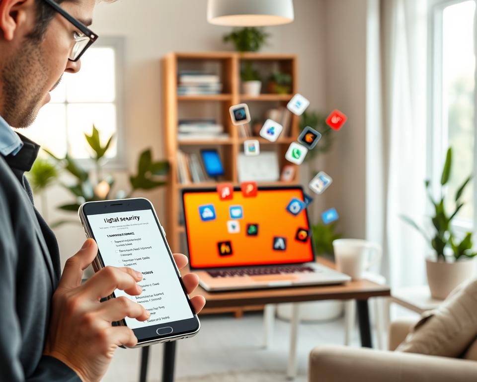 A modern, visually engaging scene illustrating essential precautions before downloading apps. In the foreground, a person in professional attire, intently examining a smartphone with a focused look, showcasing a digital security checklist displayed on the screen. In the middle layer, a vibrant, open laptop with various application icons floating around it, symbolizing the diversity of apps available. The background features a cozy, well-lit home office environment, with plants and bookshelves adding a touch of warmth. Soft, natural lighting filters through a nearby window, creating a calm and informative atmosphere. The overall mood is one of caution and awareness, prompting viewers to consider safety before making digital choices. A modern, visually engaging scene illustrating essential precautions before downloading apps. In the foreground, a person in professional attire, intently examining a smartphone with a focused look, showcasing a digital security checklist displayed on the screen. In the middle layer, a vibrant, open laptop with various application icons floating around it, symbolizing the diversity of apps available. The background features a cozy, well-lit home office environment, with plants and bookshelves adding a touch of warmth. Soft, natural lighting filters through a nearby window, creating a calm and informative atmosphere. The overall mood is one of caution and awareness, prompting viewers to consider safety before making digital choices.