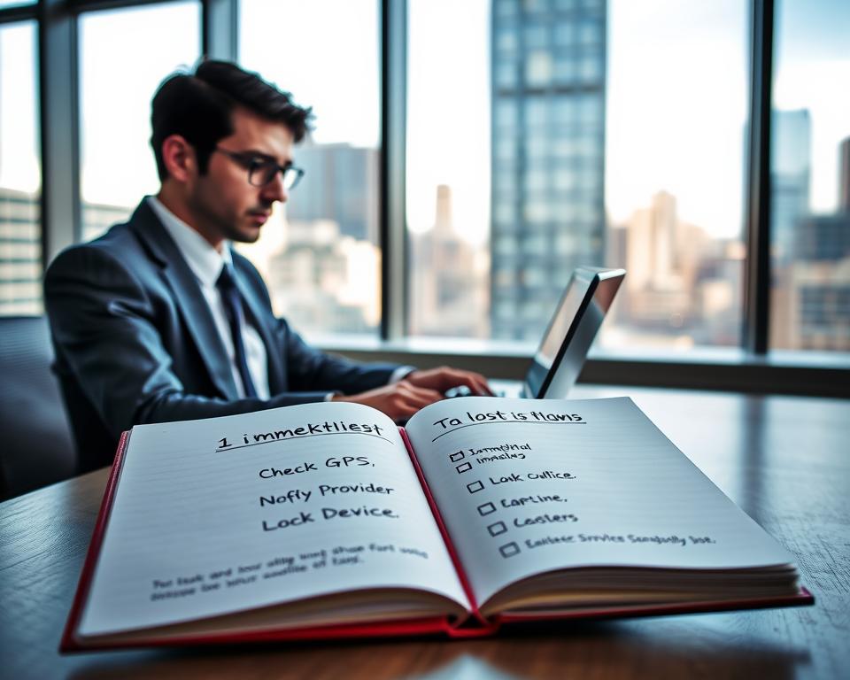 A professional setting illustrating an immediate action plan for tracking a lost mobile phone. In the foreground, a focused individual in business attire sits at a desk, using a laptop with a tracking app interface visibly displayed on the screen. The middle ground features an open notepad filled with a checklist of immediate actions to take when a phone is lost, including "Check GPS," "Notify Provider," and "Lock Device." In the background, a large window lets in natural light, highlighting a cityscape outside, creating a sense of urgency and clarity. The overall mood is one of determination and practicality, with a cool color palette that imbues a sense of professionalism and focus. The angle captures the individual’s engaged expression, emphasizing their proactive response to the situation.