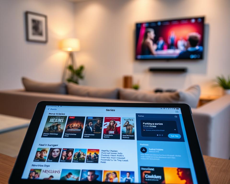A vibrant and detailed layout of a movie and series information page, displayed on a sleek tablet device. In the foreground, the tablet shows a beautifully organized interface with colorful thumbnails of movie and series posters, alongside detailed descriptions and ratings. The middle layer features a cozy living room setting with a stylish couch and ambient lighting, creating a warm and inviting atmosphere. The background displays a wall-mounted flat-screen TV showing a cinematic scene, enhancing the home entertainment experience. Soft, diffused lighting casts a gentle glow, creating an inviting mood. This image captures the essence of finding movie and series information effortlessly, perfect for guiding viewers on their entertainment journey. A vibrant and detailed layout of a movie and series information page, displayed on a sleek tablet device. In the foreground, the tablet shows a beautifully organized interface with colorful thumbnails of movie and series posters, alongside detailed descriptions and ratings. The middle layer features a cozy living room setting with a stylish couch and ambient lighting, creating a warm and inviting atmosphere. The background displays a wall-mounted flat-screen TV showing a cinematic scene, enhancing the home entertainment experience. Soft, diffused lighting casts a gentle glow, creating an inviting mood. This image captures the essence of finding movie and series information effortlessly, perfect for guiding viewers on their entertainment journey.