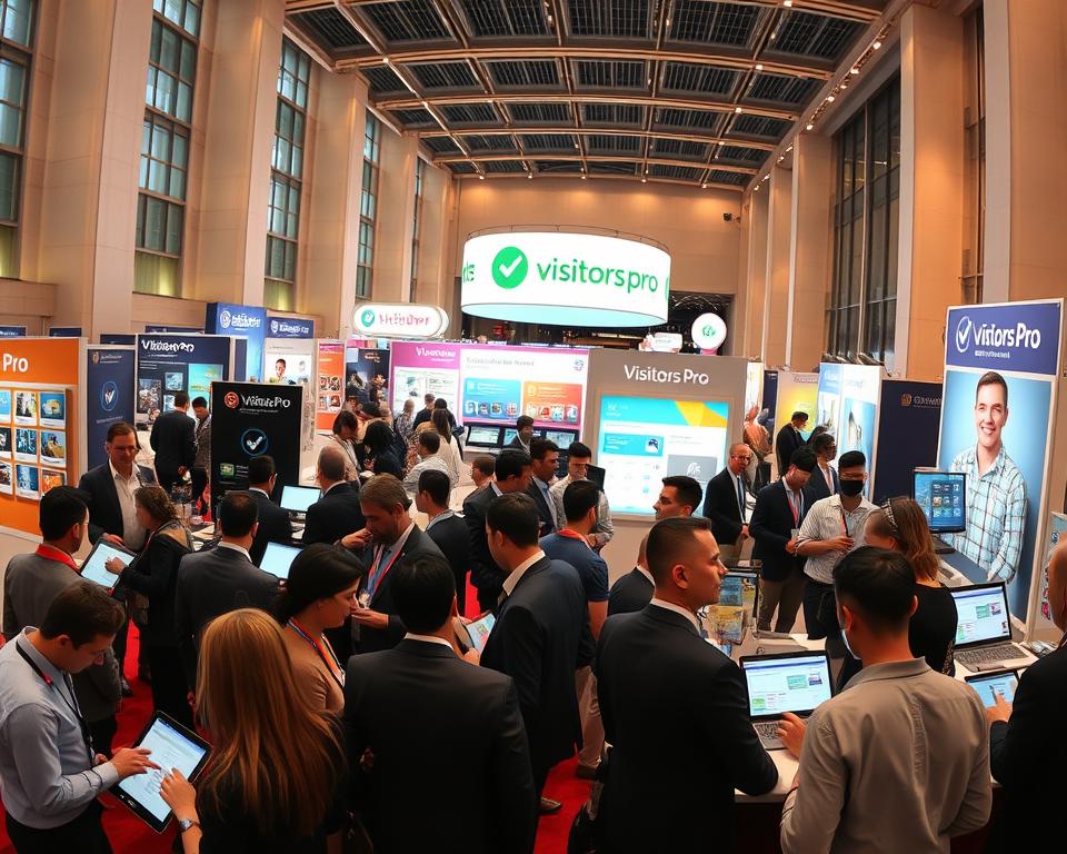 A vibrant and dynamic panorama of a bustling market showcasing various app booths focused on social media analytics and visitor tracking. In the foreground, a diverse group of professionals in business attire engages in discussions, with laptops and tablets displaying app interfaces. In the middle ground, colorful banners and digital screens highlight popular apps like "Visitors Pro," surrounded by curious visitors exploring the innovations. The background features sleek, modern architecture typical of a tech conference venue, bathed in warm, inviting lighting to create a friendly atmosphere. The scene should capture the energy and excitement of the tech market, blending professionalism with innovation, as attendees actively engage with the latest tools for social media analysis.