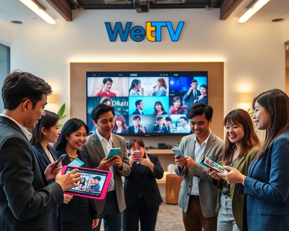 A vibrant, inclusive digital scene representing the WeTV platform. In the foreground, a diverse group of individuals, including Asian, Black, and Caucasian men and women, casually discuss and interact around colorful tablets and smartphones showcasing various genres of Korean dramas. They are dressed in business casual attire, conveying professionalism and approachability. In the middle ground, a large, modern screen displays dynamic visuals of popular Korean dramas, with scenes showing romance, action, and comedy. The background features a stylish urban lounge with soft lighting and minimalist decor, creating a cozy yet contemporary atmosphere. The overall mood is welcoming and engaging, emphasizing variety and inclusivity in content. The image should be vibrant and well-lit, capturing the essence of entertainment and connection.