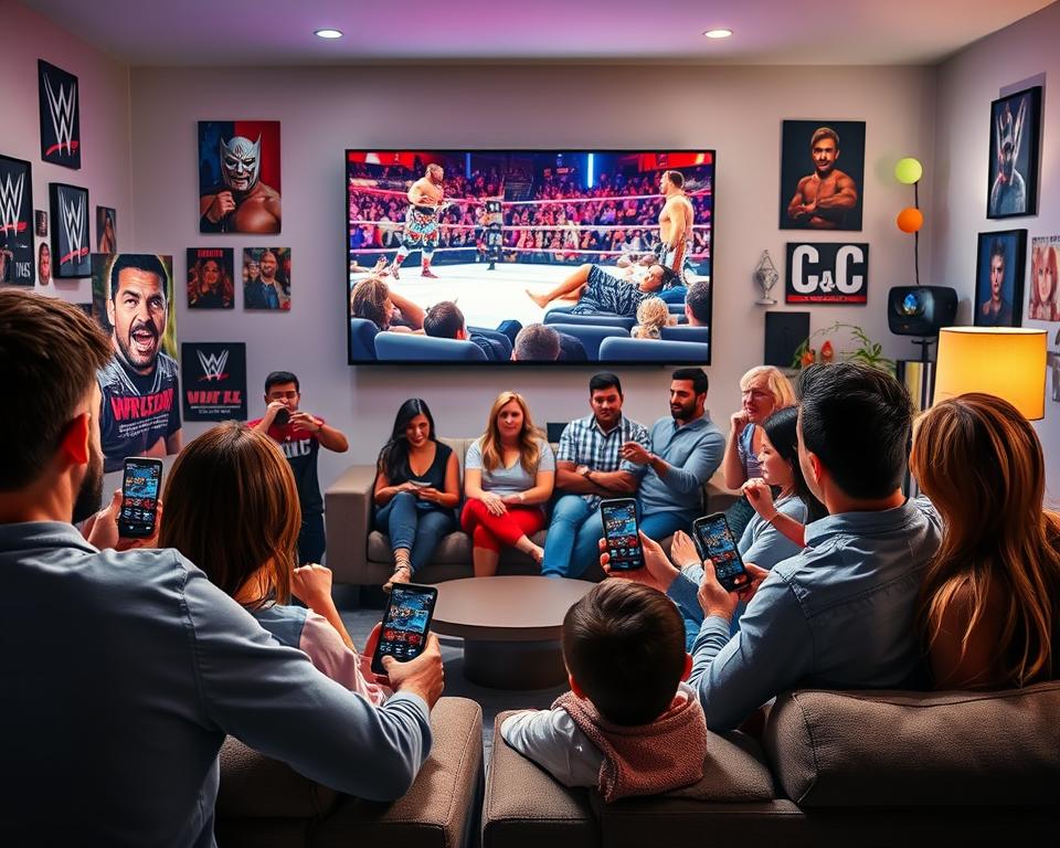 A vibrant scene illustrating the concept of "WWE active second screen experience." In the foreground, a modern living room with a large TV displaying a WWE match, surrounded by energetic fans watching intently, some holding smartphones showing live stats or interactive apps related to the match. In the middle ground, a cozy couch with a family of diverse individuals dressed in casual, comfortable clothing, reacting enthusiastically to the action. The background features WWE memorabilia, such as posters and action figures, as well as soft lighting to create an inviting atmosphere. The setting captures the excitement and connection of fans engaging with the WWE universe through their app, emphasizing immersion and interaction.