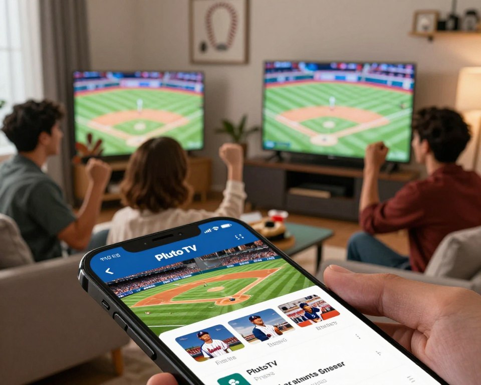 A vibrant scene portraying the idea of free sports streaming through Pluto TV. In the foreground, a sleek smartphone displays the Pluto TV app interface with a sports-themed layout showcasing live baseball games. In the middle ground, a cozy living room setup features a modern TV screen broadcasting a baseball match, with friends seated around, all dressed in casual yet neat attire, cheering joyfully. The background includes a sports-themed wall decoration adorned with baseball memorabilia. Soft, warm lighting creates a welcoming atmosphere, with an emphasis on creating excitement and engagement around the game. The angle captures both the screen and the lively interactions among the friends, encapsulating the spirit of watching sports together for free.