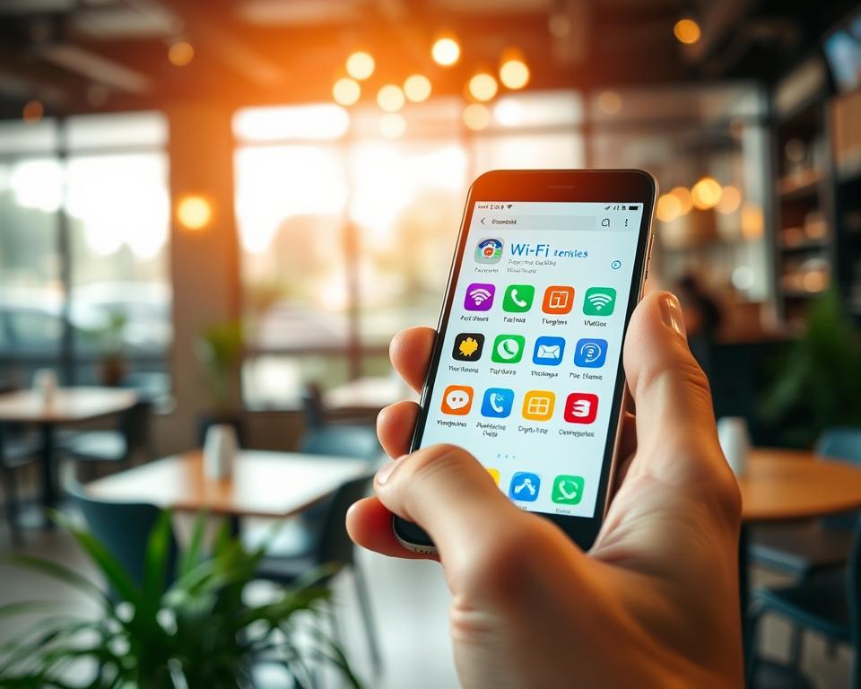 A visually engaging composition that showcases an array of mobile application icons displayed on a sleek smartphone screen, emphasizing options for connecting to free Wi-Fi networks. In the foreground, a hand is holding the smartphone, with fingertips gently tapping the screen. The middle ground features an open app interface with vibrant icons representing various Wi-Fi connection apps. In the background, a cozy café atmosphere is depicted, with soft, warm lighting filtering through large windows, creating an inviting ambiance. The focus is sharp on the phone screen, with a subtle bokeh effect on the background, implying a sense of discovery and connection. The overall mood is uplifting and tech-savvy, inviting viewers to explore new possibilities for staying connected.