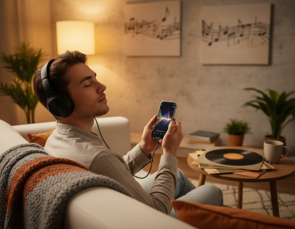 Apreciando músicas no celular com fones de ouvido