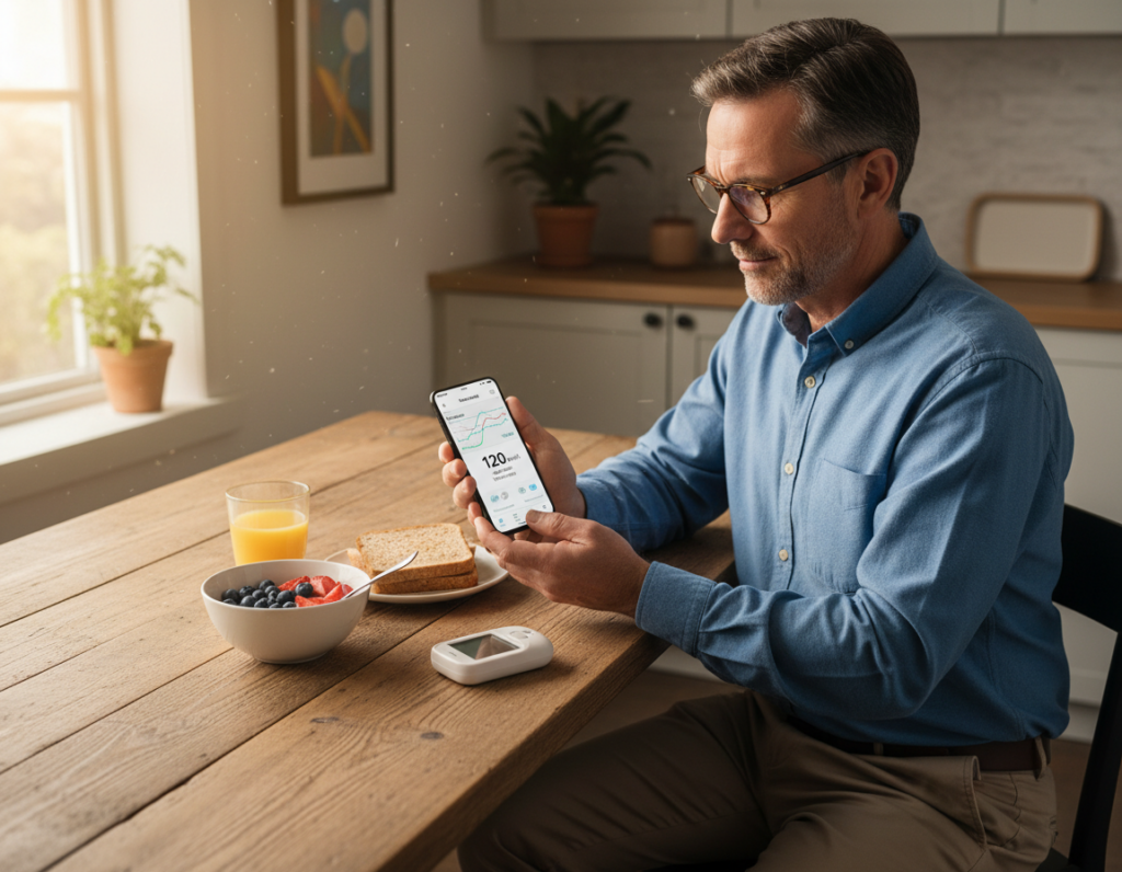 Homem usando celular para controle da diabetes e monitoramento de saúde