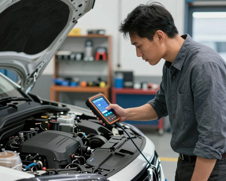 Homem utilizando scanner automotivo para identificar falha no motor