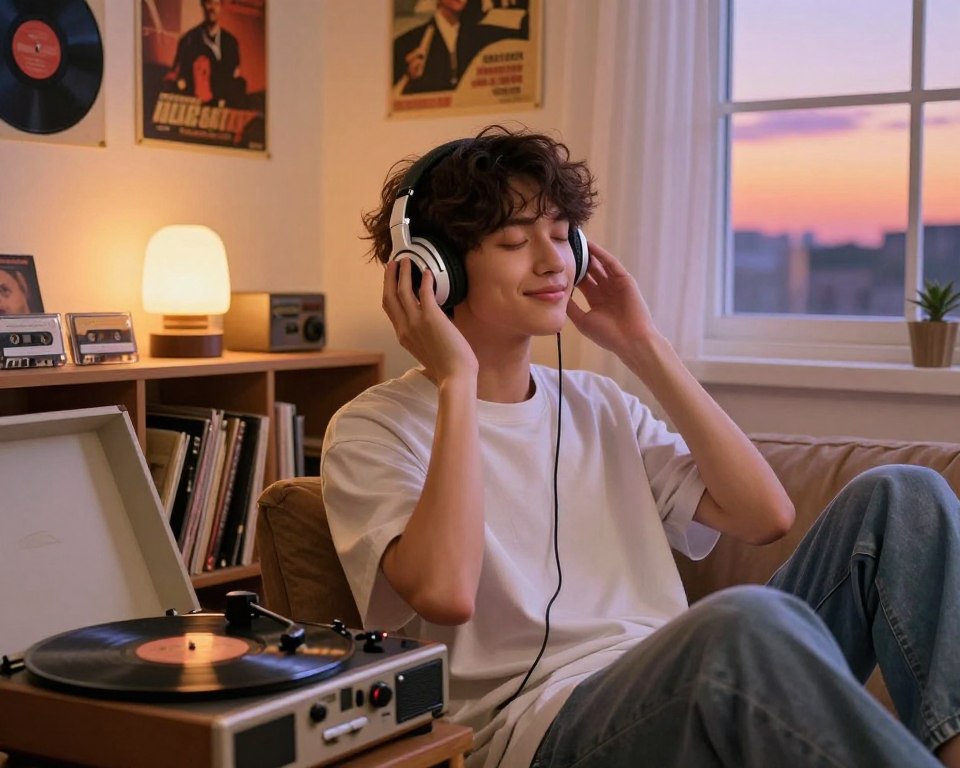 Pessoa ouvindo músicas antigas com fones de ouvido