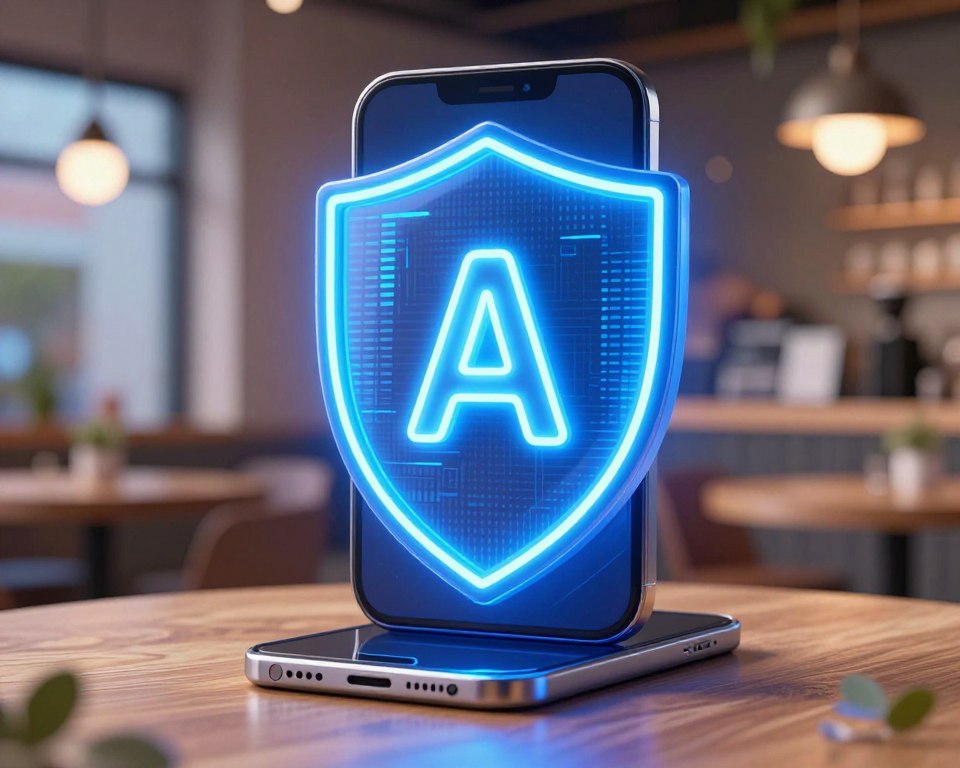 Uma ilustração 3D de um escudo digital azul neon protegendo um smartphone em um ambiente de café urbano, simbolizando segurança cibernética e privacidade.