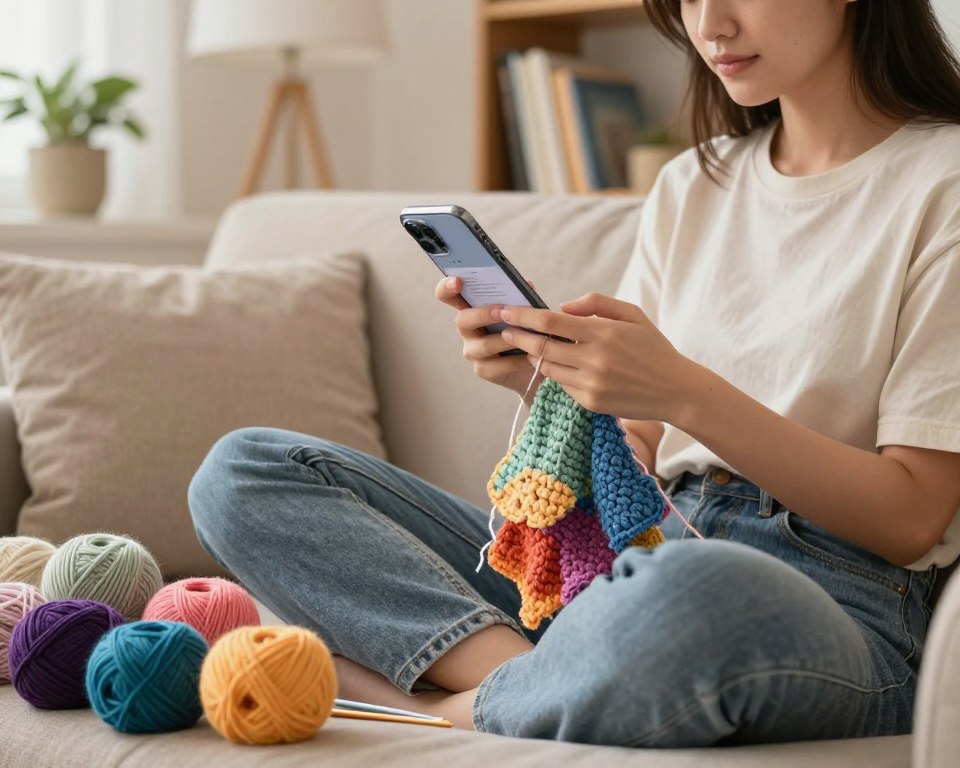 mulher aprendendo crochê através de aplicativos no celular