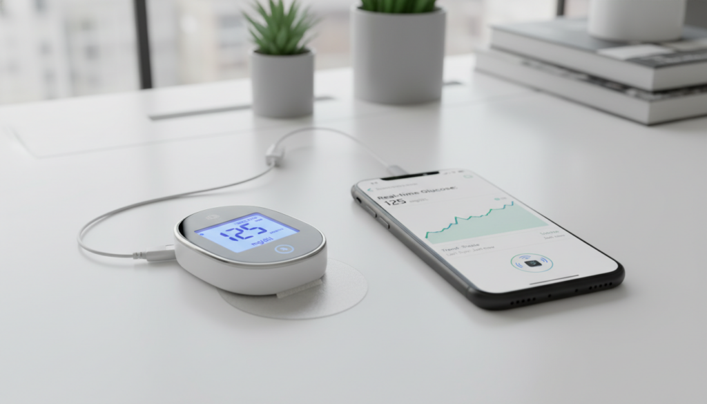 sensor de glicose conectado ao celular mostrando sincronização com smartphone sensor de glicose conectado ao celular mostrando sincronização com smartphone